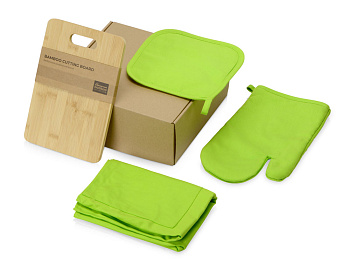 Подарочный набор с разделочной доской, фартуком, прихваткой, зеленое яблоко