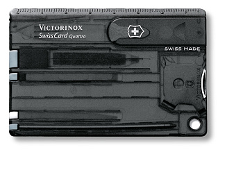 Швейцарская карточка VICTORINOX SwissCard Quattro, 13 функций, полупрозрачная чёрная